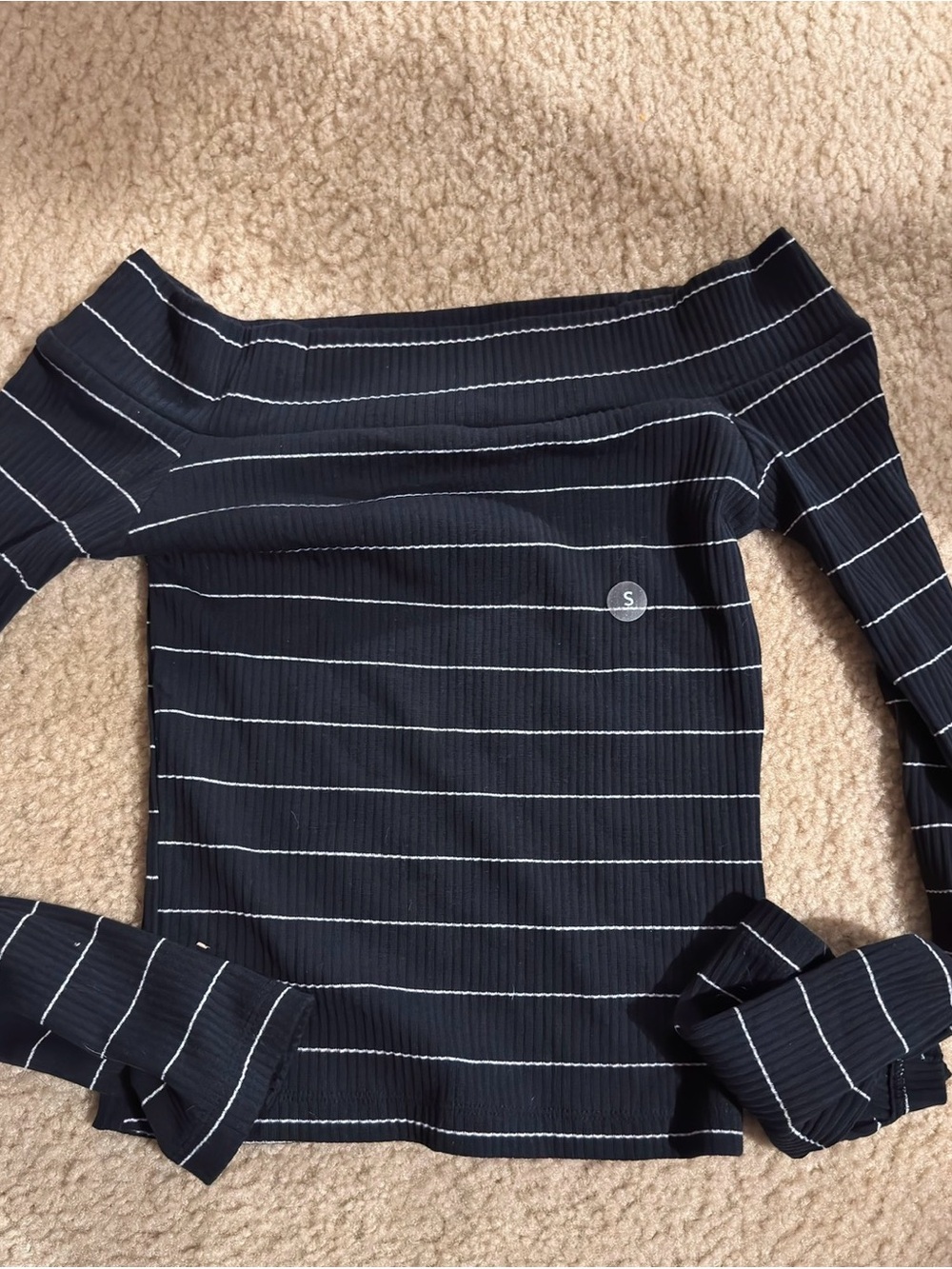 Me to We Navy Off-Shoulder Ribbed Stripe Sweater